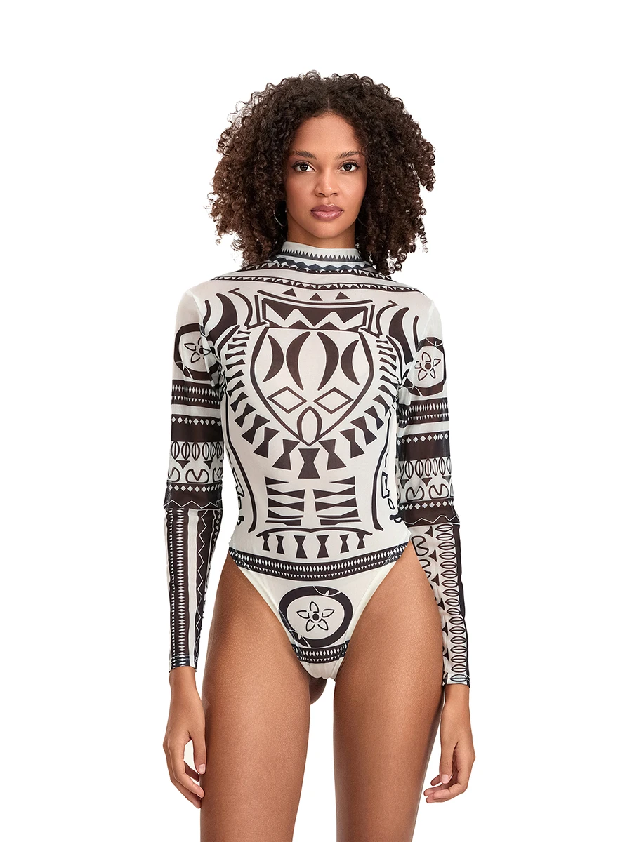 Body para mujer de manga larga estampado salvaje bohemio bodycon cuello simulado triángulo inferior monos