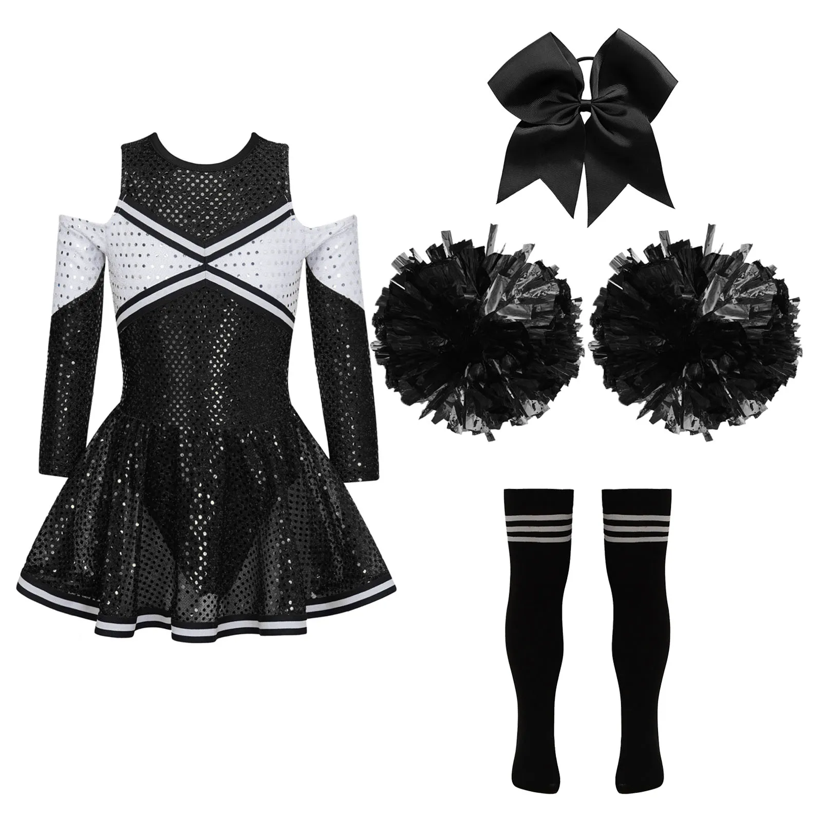 Crianças lantejoulas cheerleading roupas de dança, cheerleading uniformes, vestido, headwear, flores meias, crianças, meninas, traje cheerleader