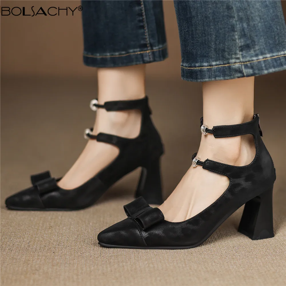 Women Pumps Pointed Toe Chunky Heels Zipper Double Buckle Strap Bowknot Dating Party Shoes Plus Size 34-43 Spring New