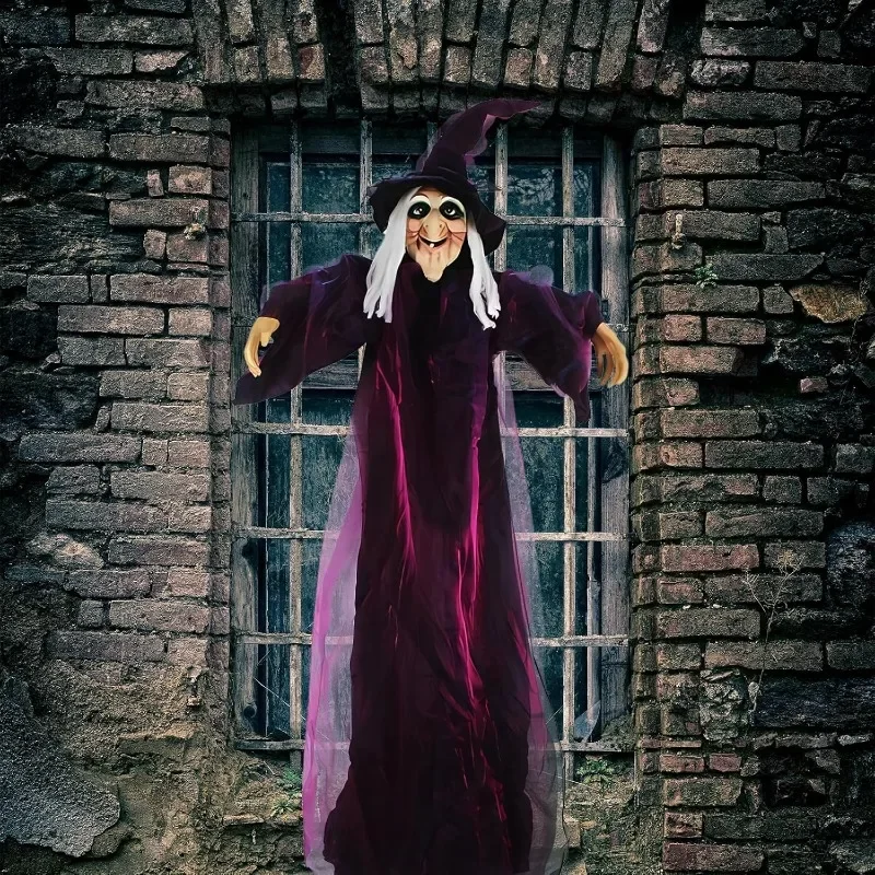 

Halloween Hanging Witch Decor Skeleton with Sound Glowing Red Eyes Scary Talking Witch Halloween Decorations Haunted House Props