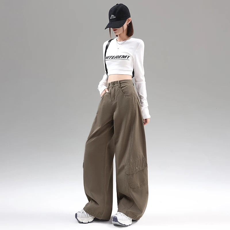 Amerikanischen Retro Military ein Breite Bein Jeans Frauen Sommer Neue Lose Drapierte Banana Messer Hosen Hohe Taille Casual Sle