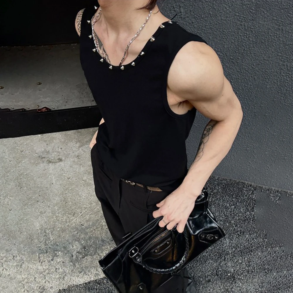 

Men's Solid Color Rhinestone Sleeveless Vest American Retro Fashion Trend Street Casual Loose Breathable Niche Summer Men's Tops