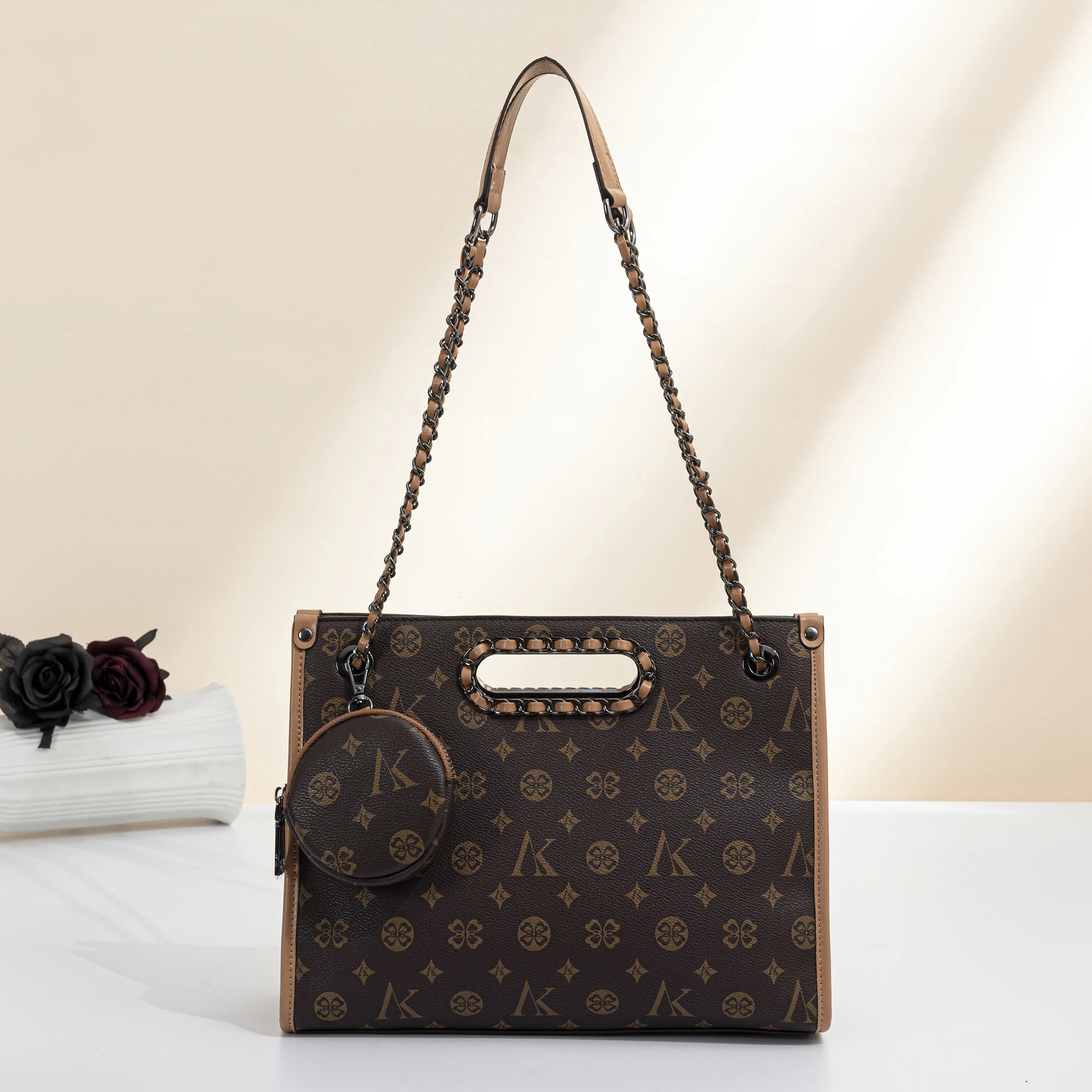 Women's Vintage Tote Shoulder Bag, Classic Monogram Print Fabric, Front Hollow-Out Design with Leather-Wrapped Metal Chain, Equipped with an Adjustable Chain Shoulder Strap, Comes with a Matching Pattern Round Coin Purse, Large Open Space Capacity, Structured Shape, Suitable for Commuting, Travel, and Storing Personal Belongings, Simple and Luxurious Women's Underarm Tote Bag