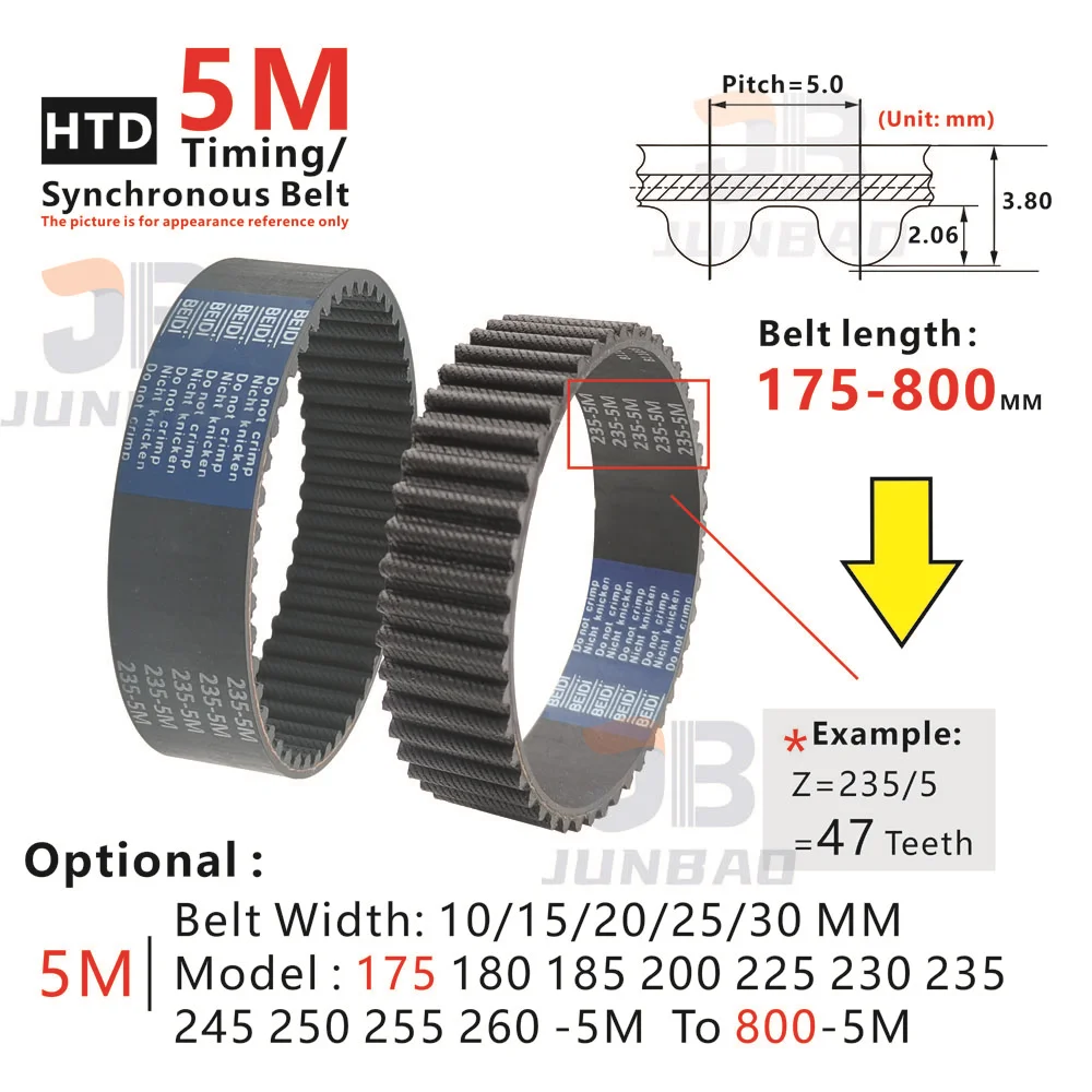 

HTD5M Timing Belt 175 to 800mm length 5M synchronous toothed belt suitable for conveying systems such as DIY/CNC/3D printers