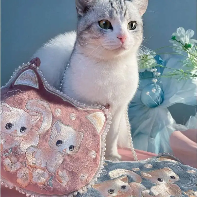 Sweet Lolita Style Cat Embroidery Messenger Bag Ancient Style Hanfu Bag Cosplay Princess Vintage Chinese Handbag Purse Wallet 5