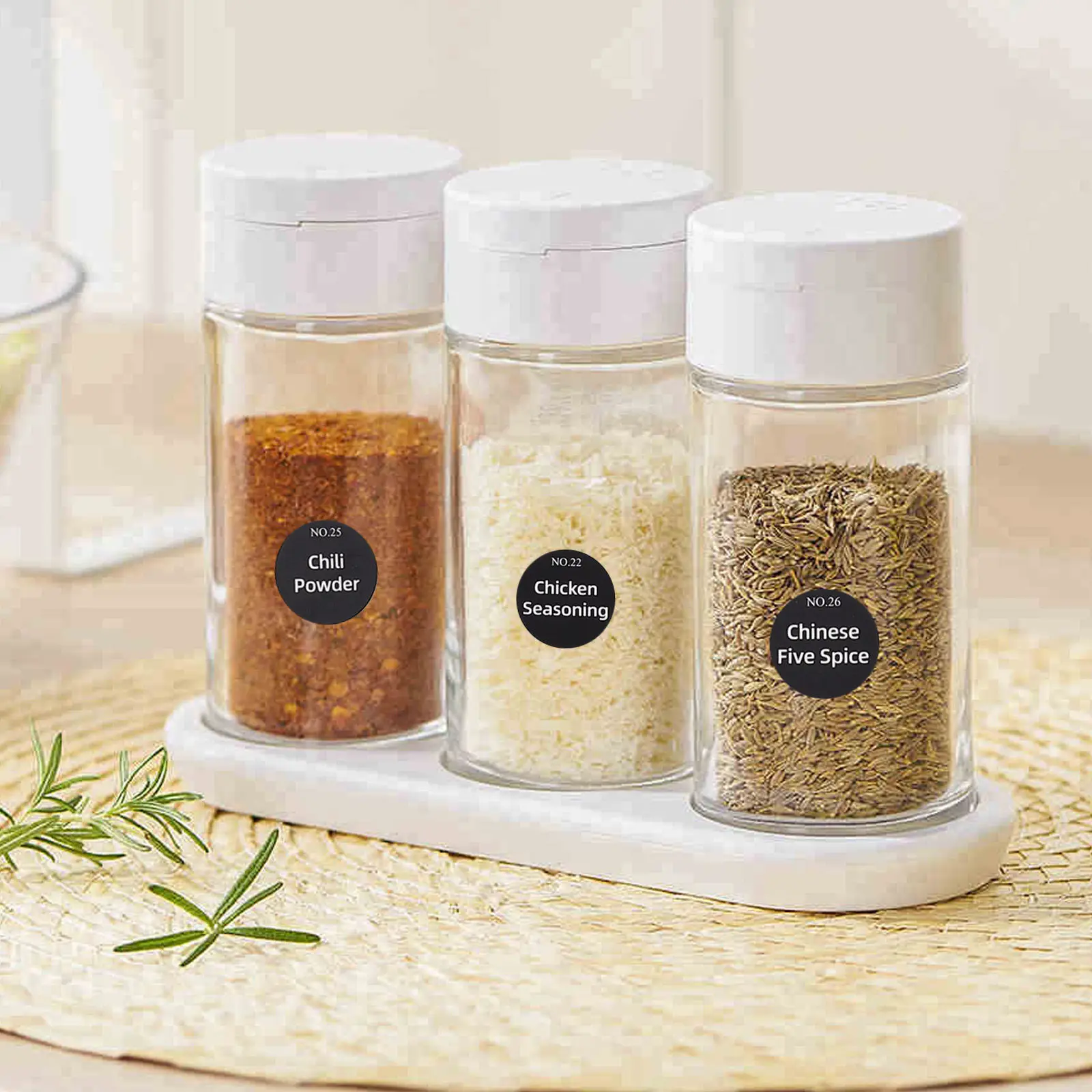 20 Etiquetas Redondas Negras Impermeables para Frascos de Especias, Etiquetas Preimpresas en Inglés para Botellas de Condimento de Cocina, Etiquetas para Despensa