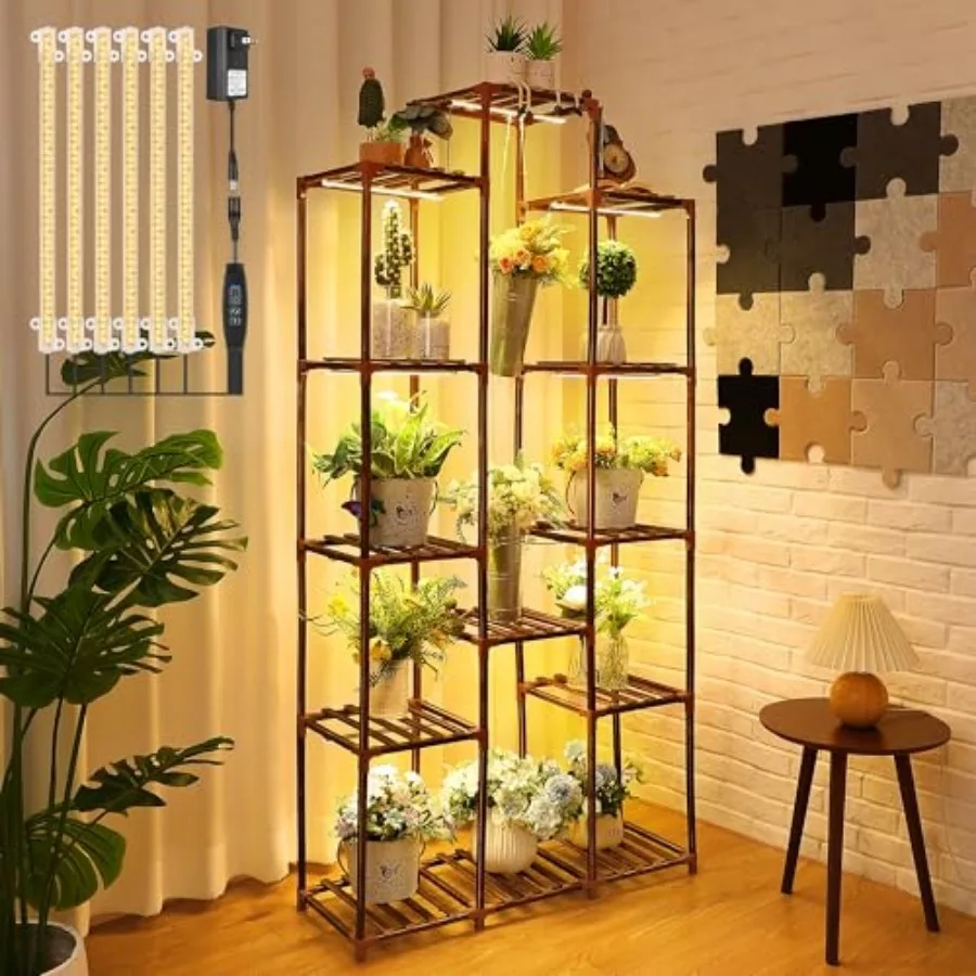 

Plant Stand with Grow Lights Wood Plant Shelf with Full Spectrum Grow Lamp for Indoor Corner Vintage Multi Layer Lighted Stand