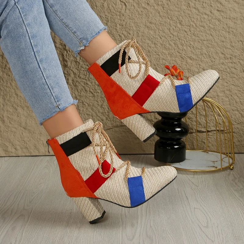 

Women's Weave Leather Ankle Boots New 2025 Autumn Winter Rear Zip Square Heel Modern Boots 7CM Fashion Color Block Shoes