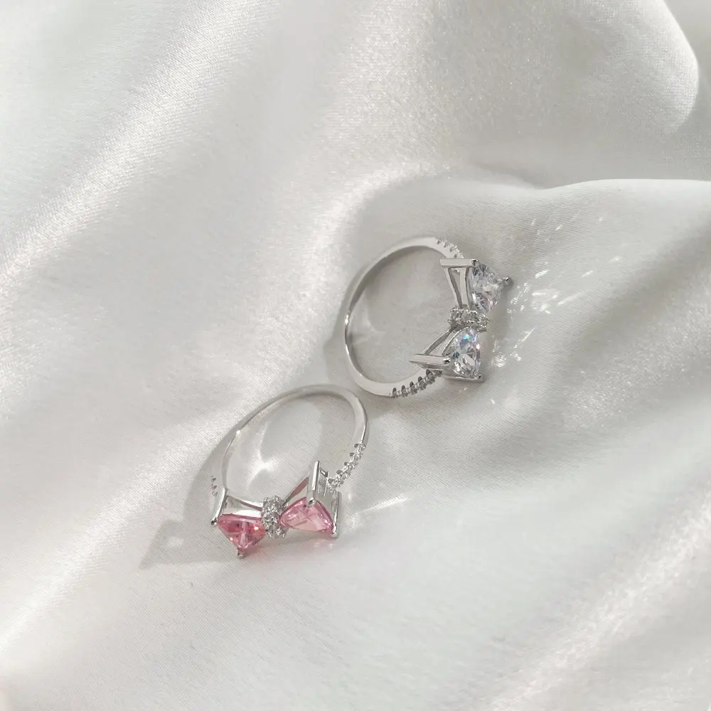 

2025 New S925 Women's Pink Heart Wedding Ring Shiny 5A Cube Zirconia Ring Bow Sterling Silver Ladies Birthday Gift