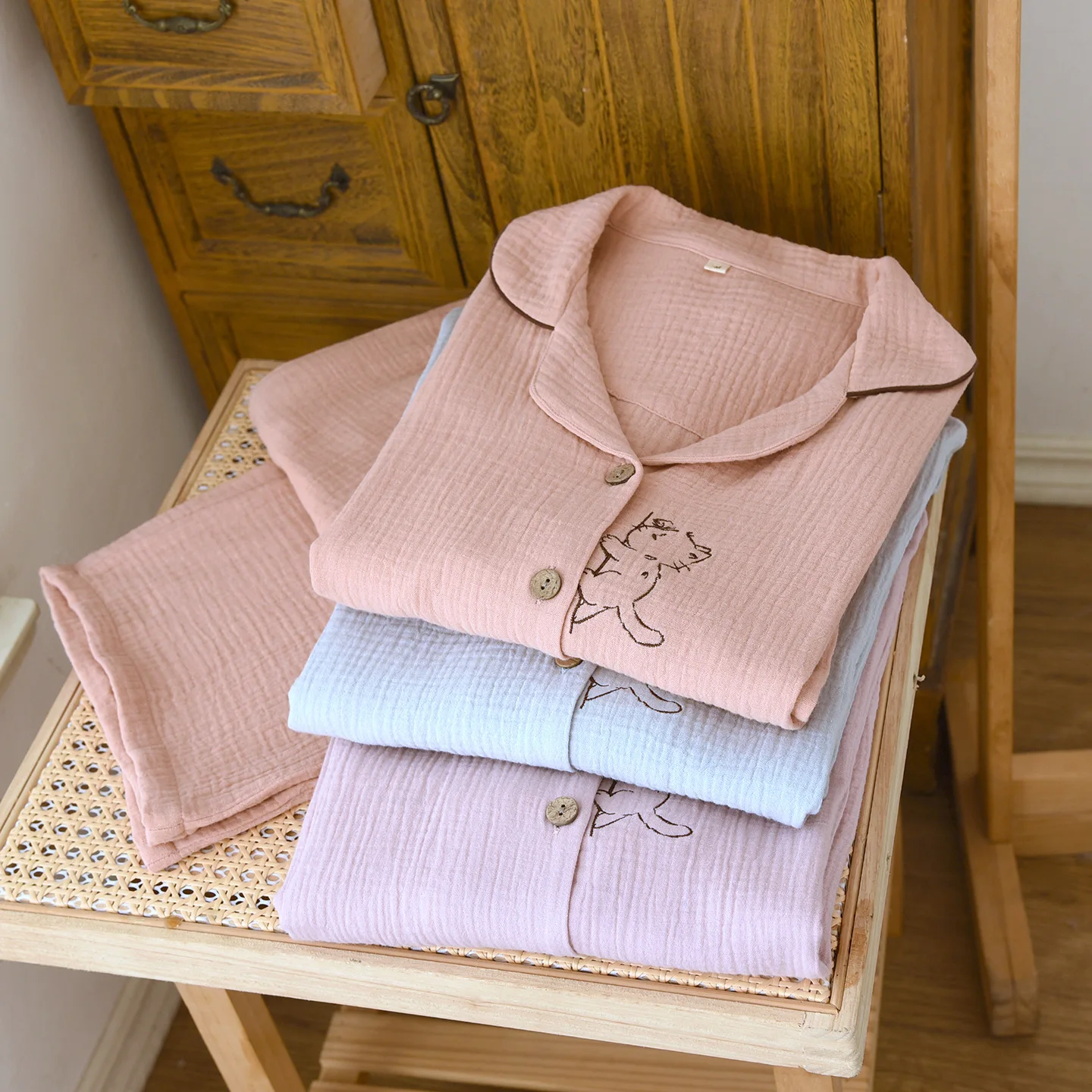 

Весенне-осенний женский пижамный комплект, хлопковая винтажная однотонная рубашка с длинными рукавами и брюками, комплект из двух предметов