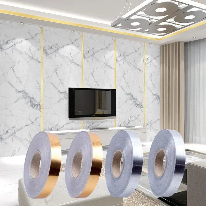 50m Mirror Stainless Steel Flat Decorative Line Self-adhesive TV Background Wall Ceiling Edging Strip Titanium Gold Wall Sticker