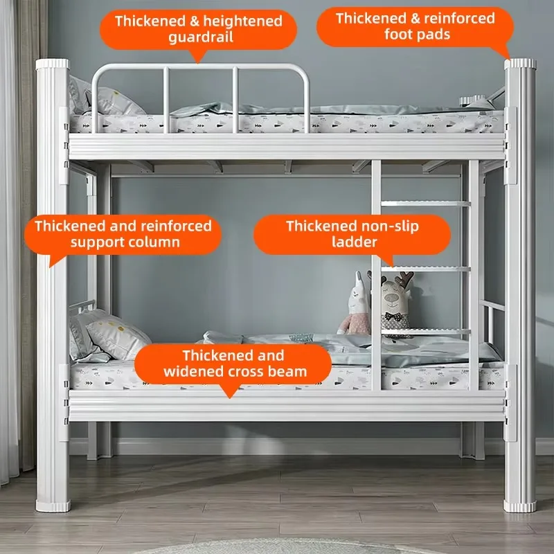 Safe Stable White Metal Bunk Bed with High Protective Guardrail Heavy Duty Steel Double Bed  Solid Wood Slats for Dormitory