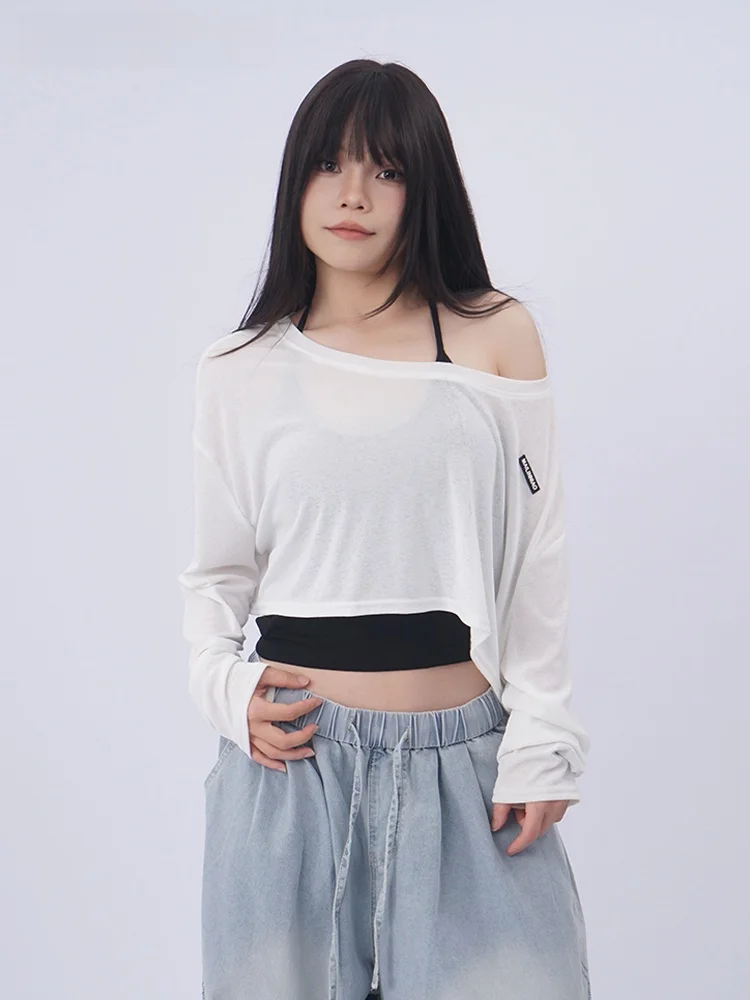 Hey Kooky Hip Hop Loose Short Shoulder T-Shirt Women One Shoulder Jazz Dance Sun Protection Shirt Sexy Style Pure Color Knitted
