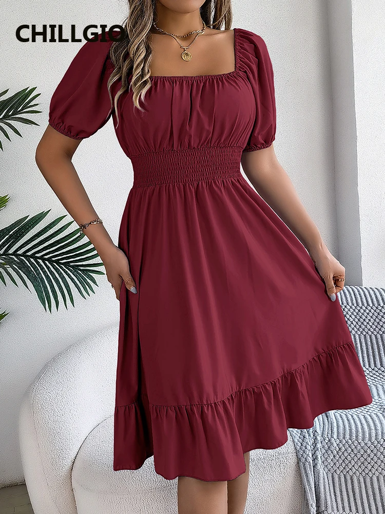 Chilligio-Vestido feminino vintage de manga curta babados cintura alta Midi linha A, casual básico moda praia, verão