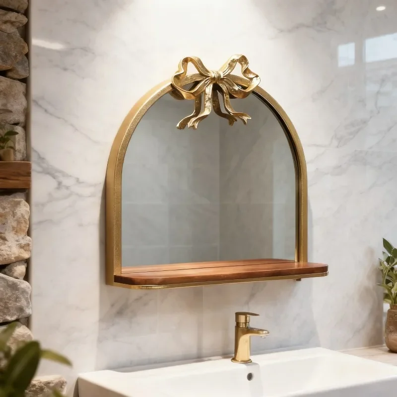 Vintage Arched Gold Mirror Antique Vanity Wall Mirrors with Storage Shelf Baroque Ornate Bow Decor for Living Room, Bathroom