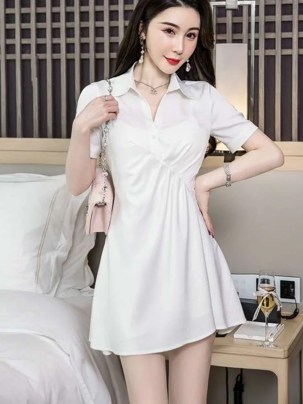 Nan Summer irt Ollar White Satin Dr Women Temperament Regular Sve ort Sve High Waist Irregular Skirt Ciwalk