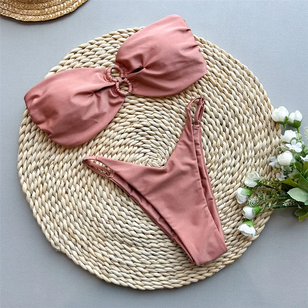

Pink Metal Ring Hollow Out Swimwear Sexy Bandeau Bikinis Sets Woman Micro Thong Swimsuit 2025 High Cut Bathing Suit Biquinis