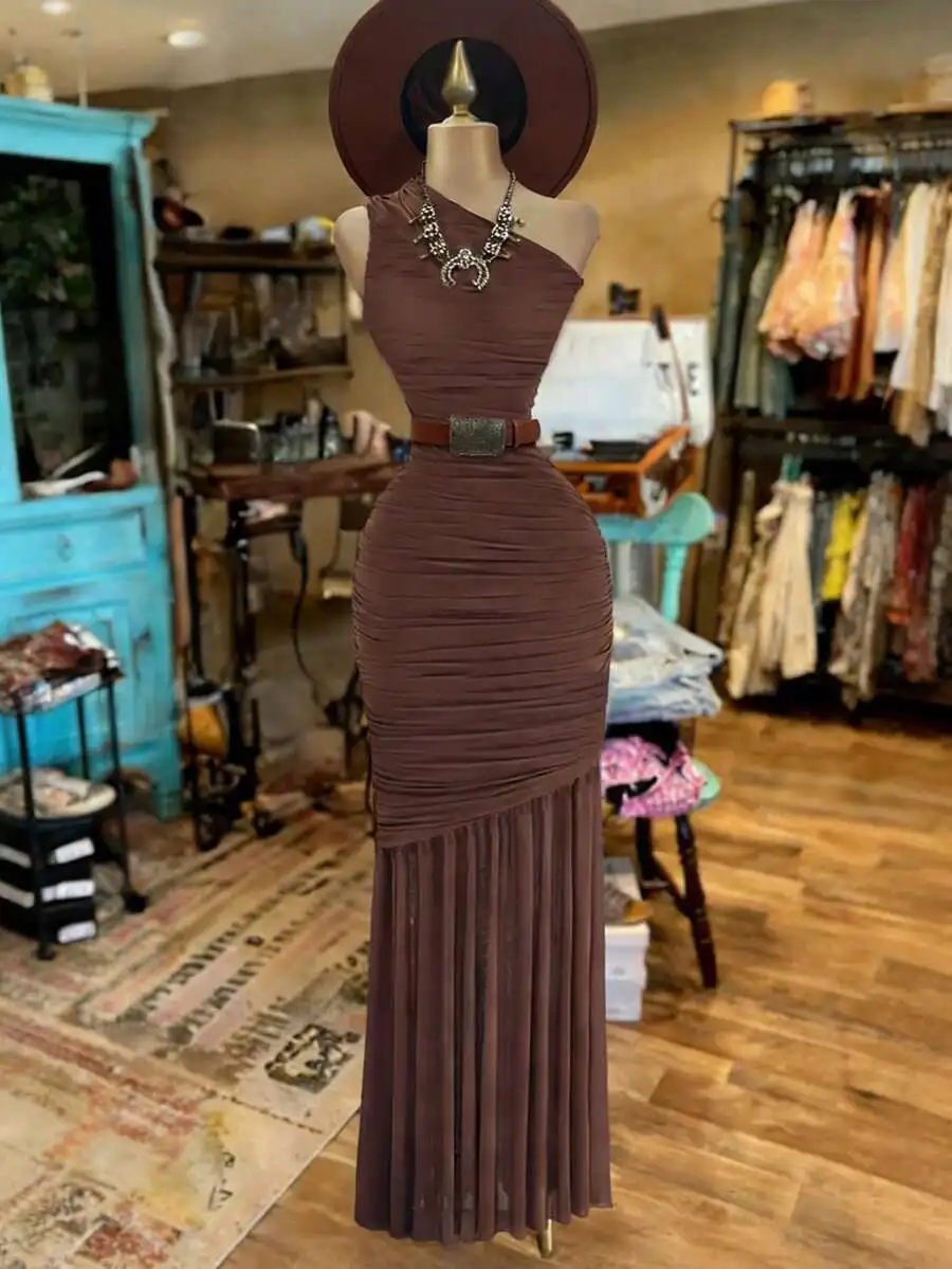 

Asymmetric Shoulder Fitted Waist Sleeveless Ruched Bodycon Maxi Dress For Women