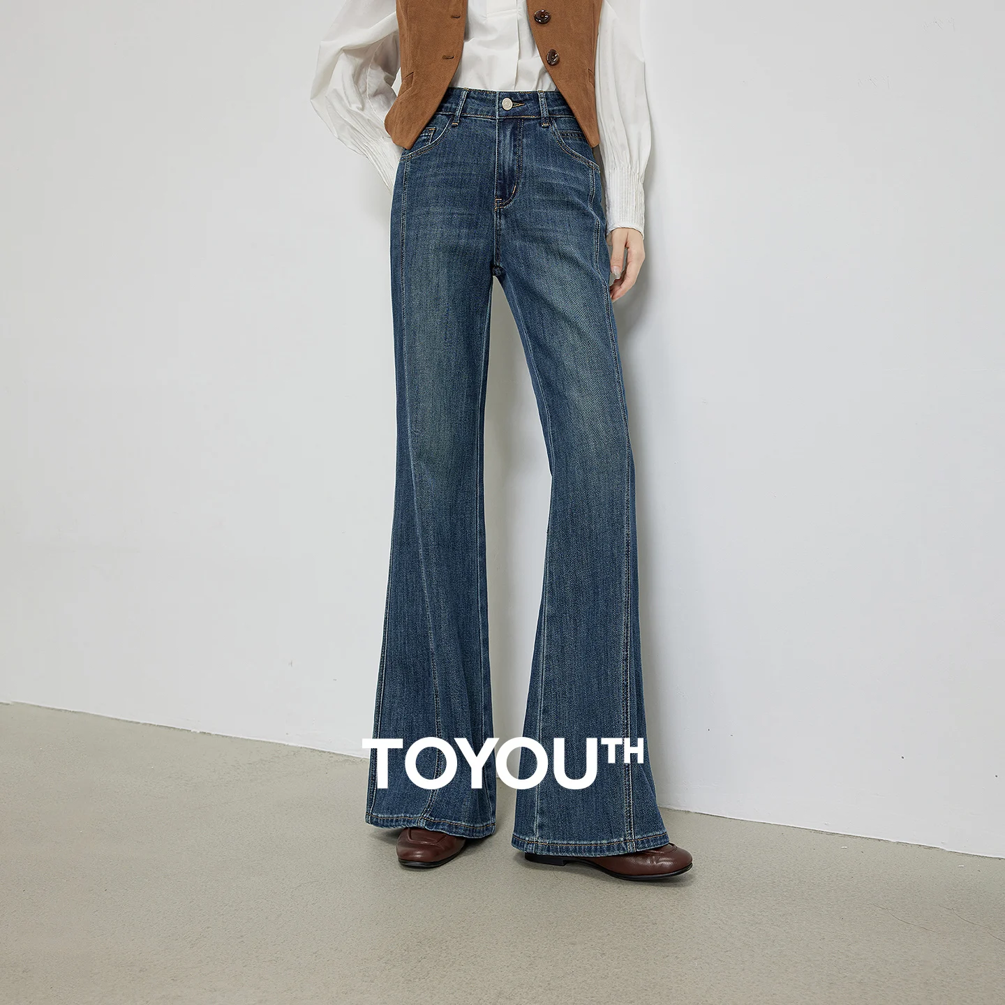 TOYOUTH Women's Glazed Blue Deconstructed Splicing Stretch Cotton Jeans 2026 Autumn New Slim Fit Flared Chic Denim Trousers