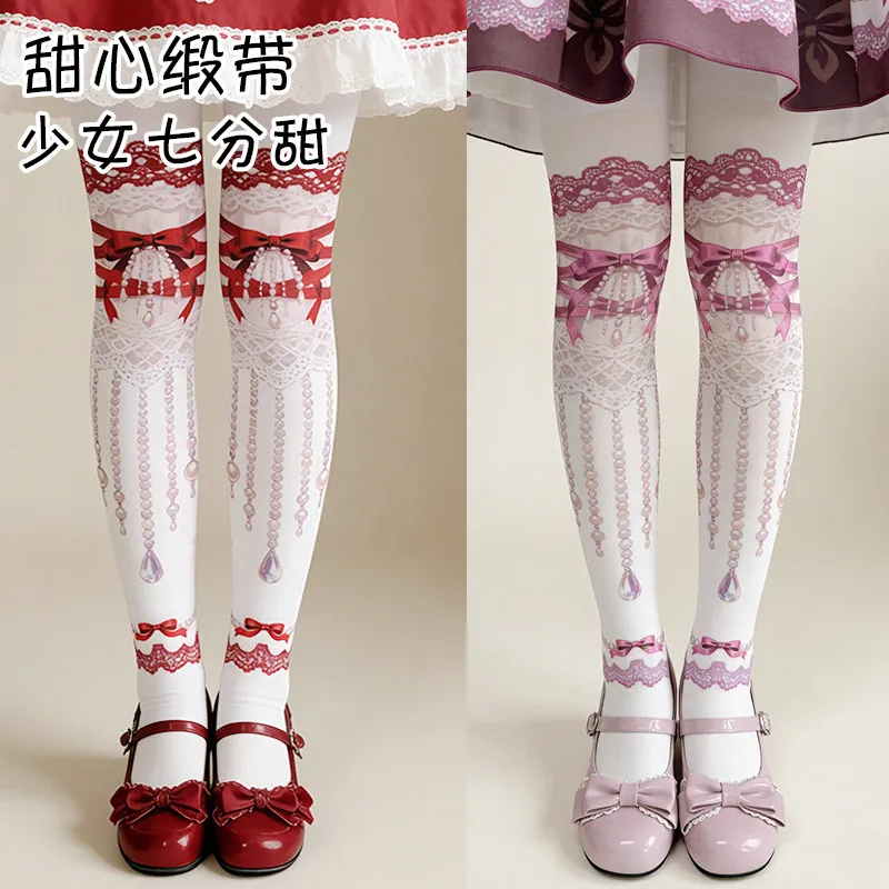 

Girly Lolita Socks Sweetheart Ribbon Gorgeous Print Velvet-lined Tights Pantyhose Women Girl Summer New Pantyhose 120d Stockings