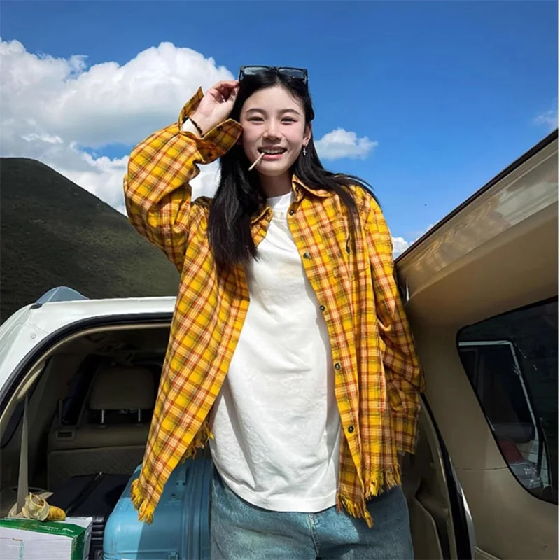 

Femme Spring Summer Korean Fashion Plaid Color Blocking Polo Collar Women Shirts Vintage Button Cotton All-match Long Sleeve Top