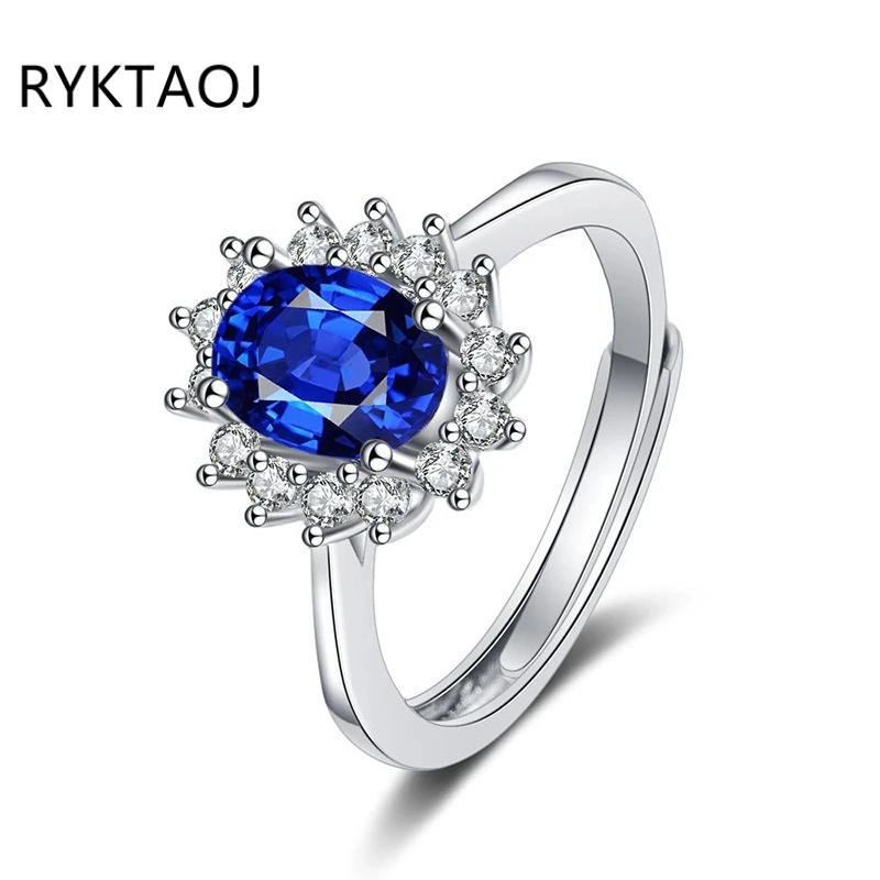 925 Sterling Silver Oval Halo Ring for Women Adjustable Open Band Blue Gemstone Promise Wedding Fine Jewelry Gift