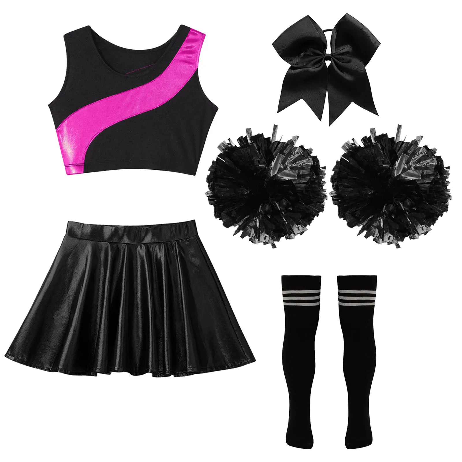 Costume da cheerleader per bambina, completo di abbigliamento da ballo moderno, top corto senza maniche con gonna svasata, copricapo, calzini con fiori a mano