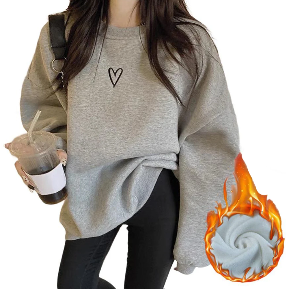 Women Velvet Hoodie with Heart Shaped Print Female Sweatshirts Round Neck Casual Streetwear for Office Holiday