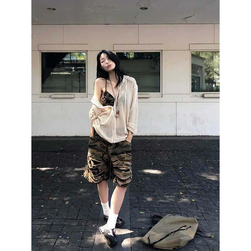 Benuynffy Camouflage Print Ripped Denim Shorts Women 2026 Summer New American Streetwear Mid Waisted Loose Wide Leg Half Pants view 2