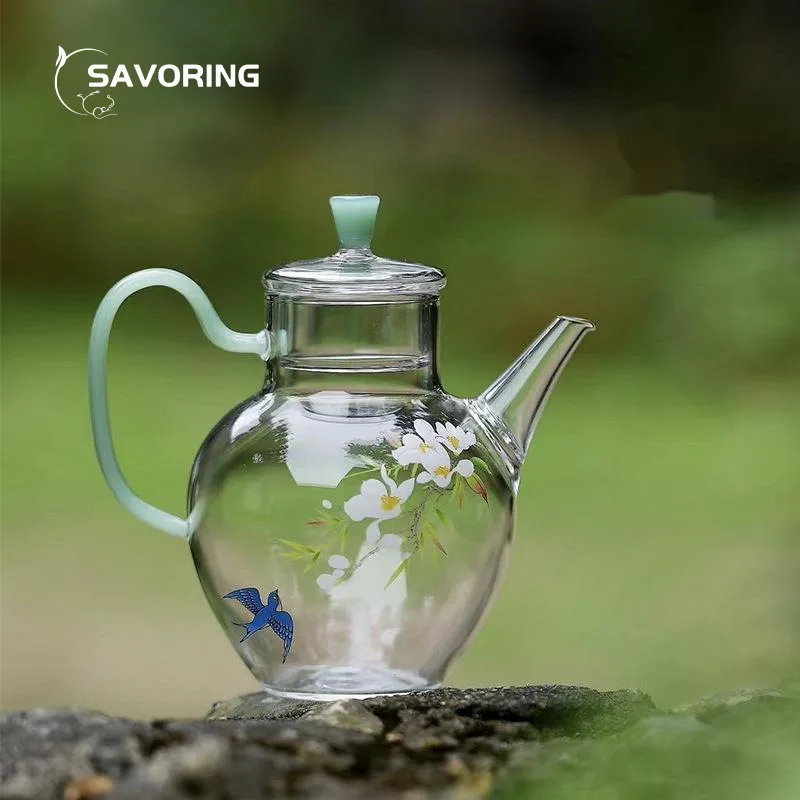 210ml Hand-printed Spring Swallows Glass Teapot Heat Resistant Small Tea Maker Household with Filter Side Handle Kung Fu Tea Set