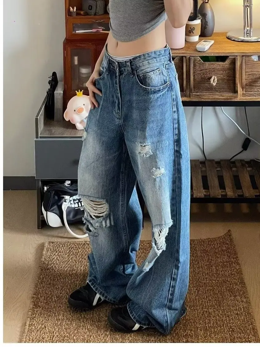 

Ретро-джинсы в американском стиле, широкие, свободные, прямые, повседневные, из денима, с рваными элементами, для мужчин и женщин, весна-лето, молодежный тренд...