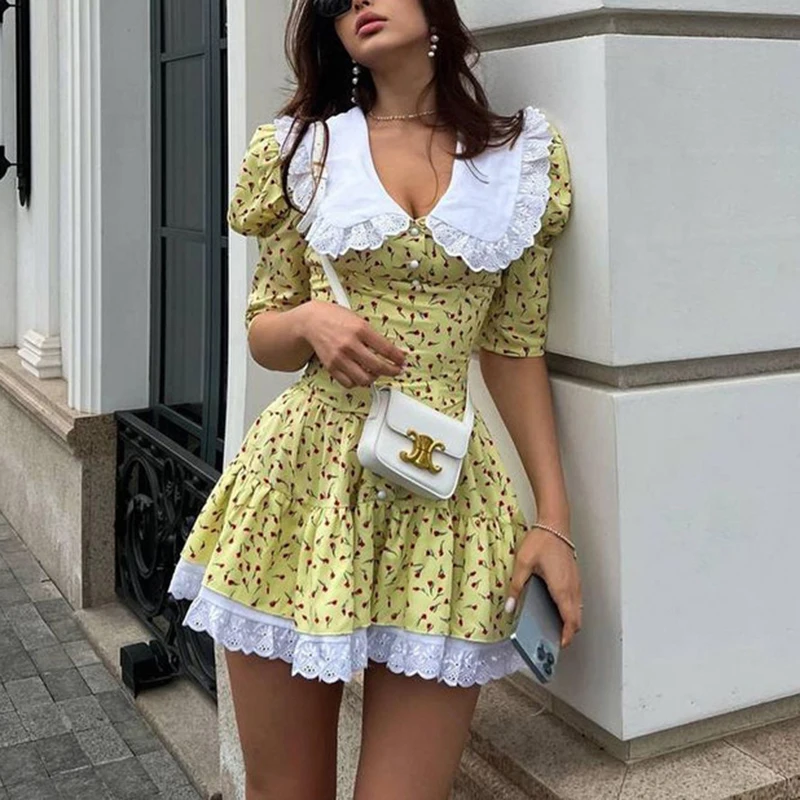 

Talenza Printed Patchwork Mini Dress For Women V-Neck Short Sleeve Laper A Line Dress Female Fashion Elegant Party Slim Dresses