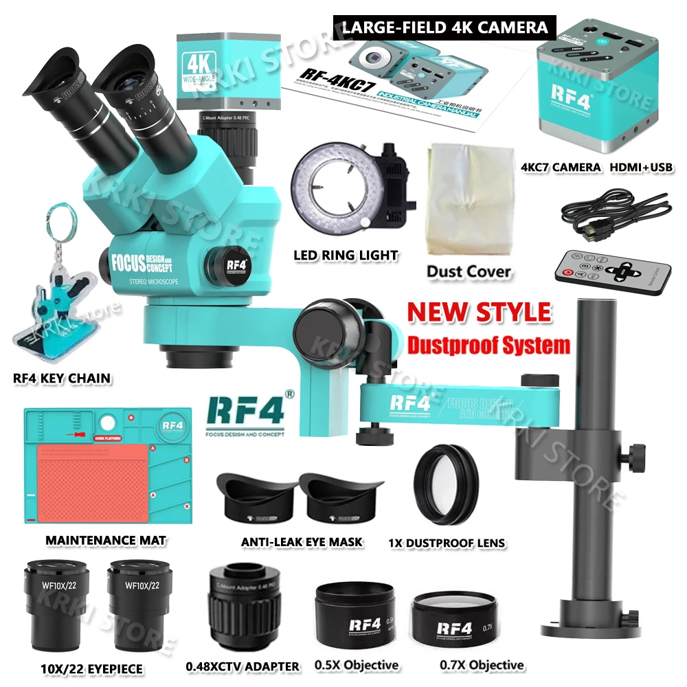 RF4 Stereo Trinocular Microscope 360 ° Rotation Articulating Arm Stands Large-field 4K HDMI Camera Phone Soldering PCB Repair