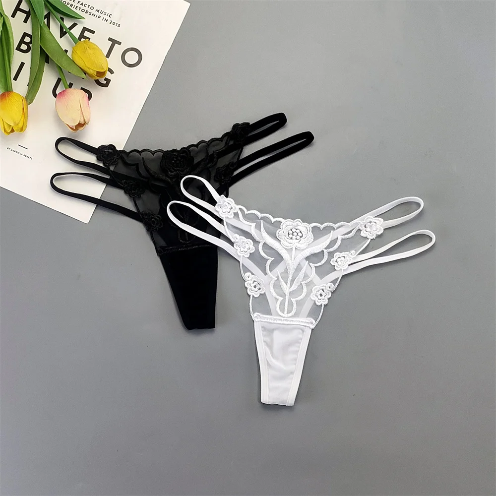 2Pcs Embroidery Flowers Sexy Women's Thong Double Thin Belt Transparent Mesh G-strings Seamless Unde