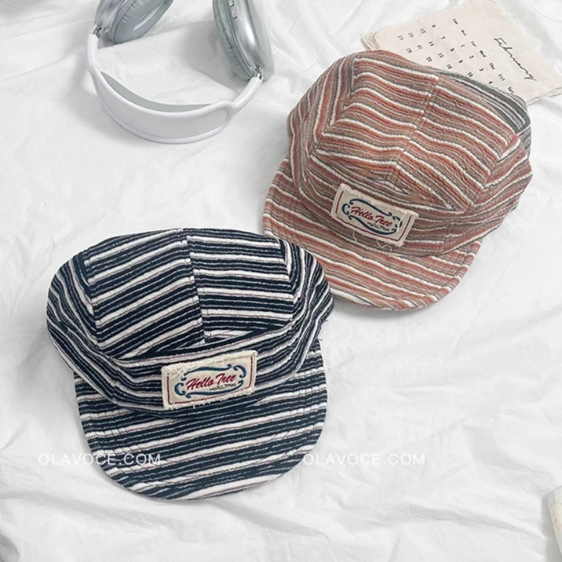 Японская ретро 5-панельная бейсболка с плоскими полями для мужчин и женщин, весенняя повседневная универсальная контрастная полосатая шляпа с инструментами