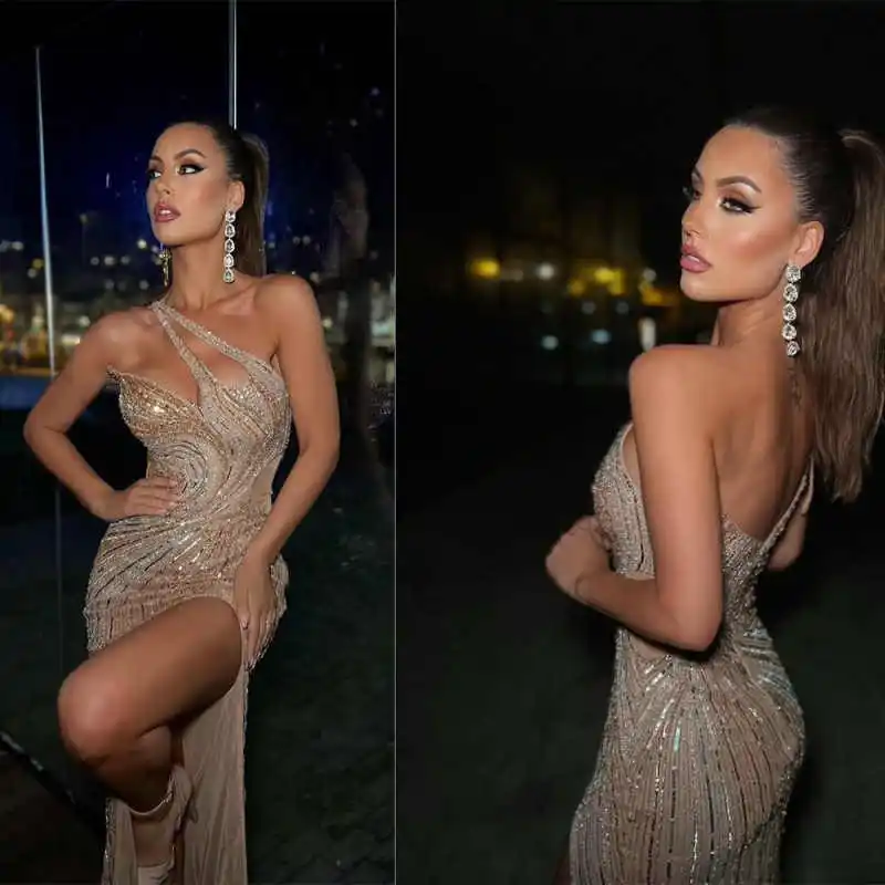 

Luxury Evening Dress A-Line Bling Sequins One Shoulder Floor-Length Lace Court Gown Dress Plus Size Vestido De Noite Customized