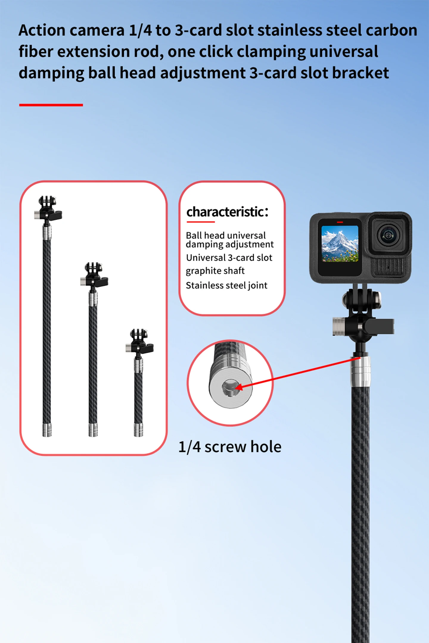 D12mm Carbon Fiber Tube Action Kamera Stativ Einbeinstativ Ausziehbare Selfie Stick Pole für GoPro 13 12 11 10 9 für Insta360 X2 X3 – Detail 1