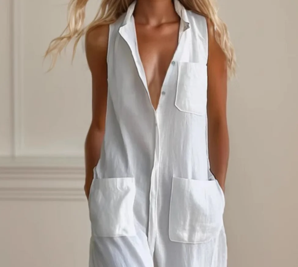 Fashion Lapel Sleeveless Loose Jumpsuits Elegant Lady Solid Color Pocket Playsuits Overalls Chic Single Breasted Wide Leg Romper