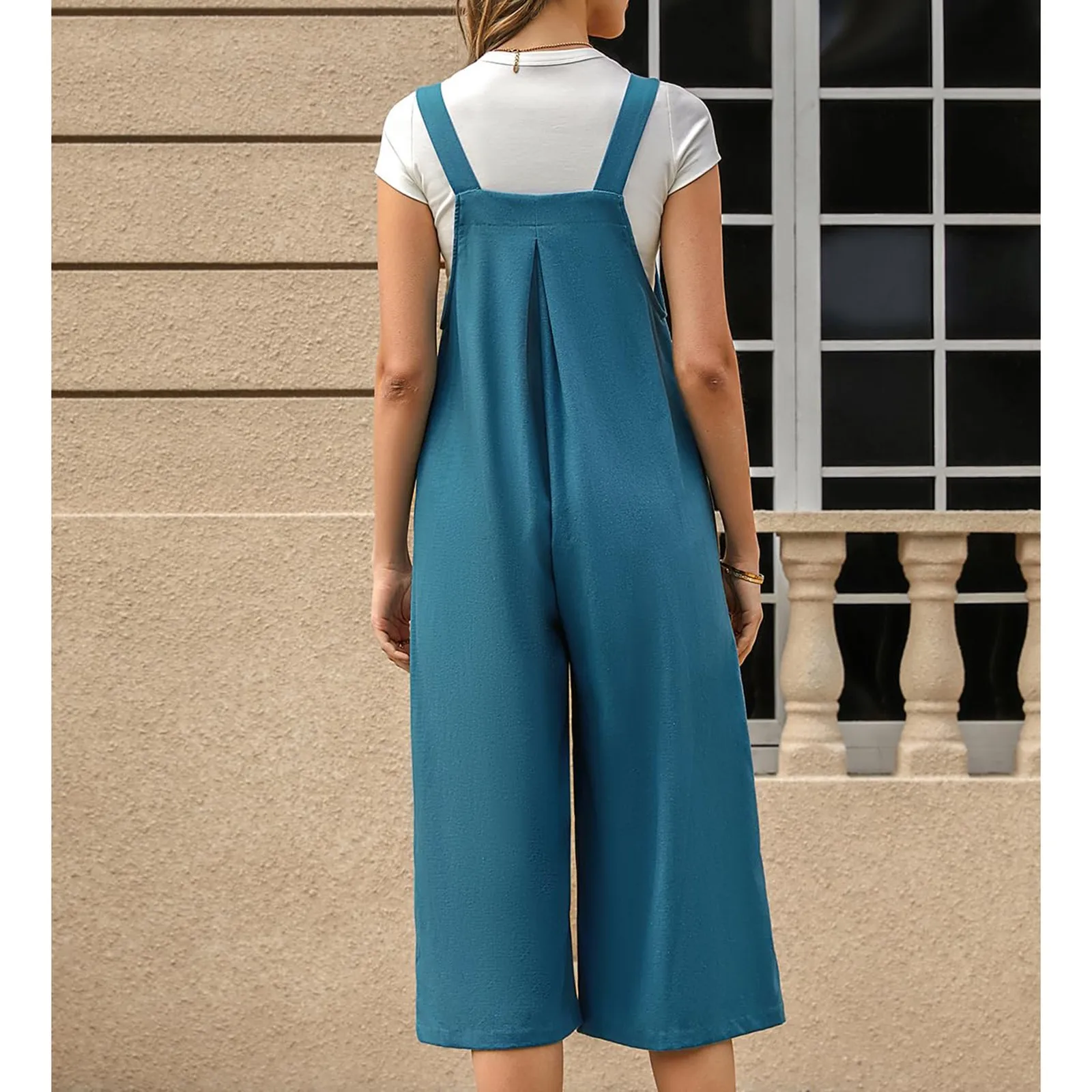 Women'S Summer Loose Jumpsuits Casual Sleeveless Wide Leg Capri Romper With Pockets High Waist Classic Button Bib Jumpsuits