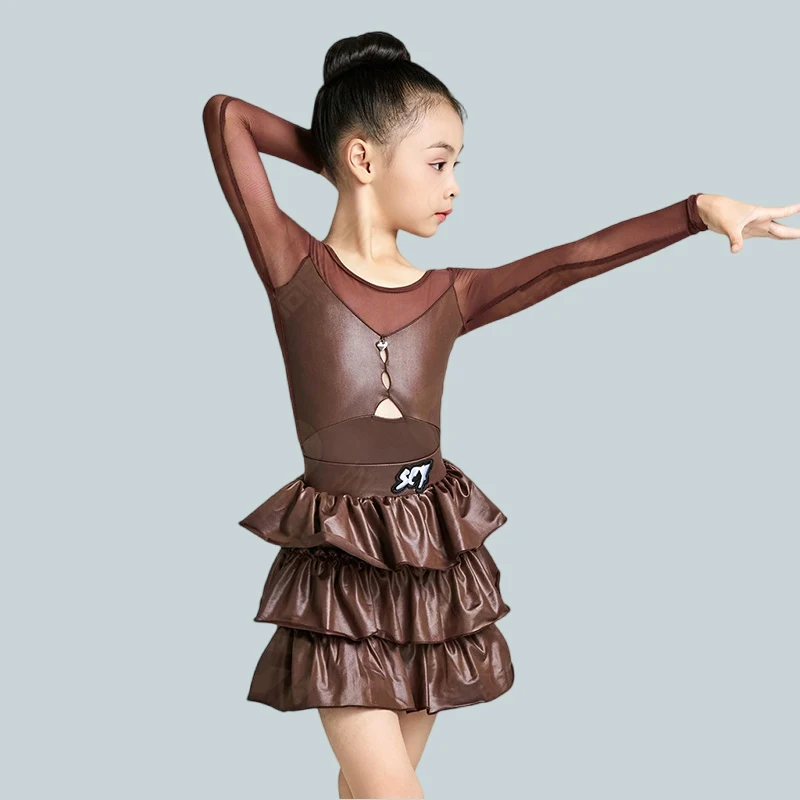 

Brown Latin Dance Suit Girls Long Sleeve Performance Dress Long Sleeve Top Skirt Set Children Cha Cha Rumba Training Wear