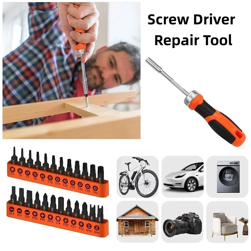 Rotating Handle Ratchet Screwdriver Cross Shaped Built-in Magnet Screwdriver Set Hidden Screwdriver Head Straight Headed