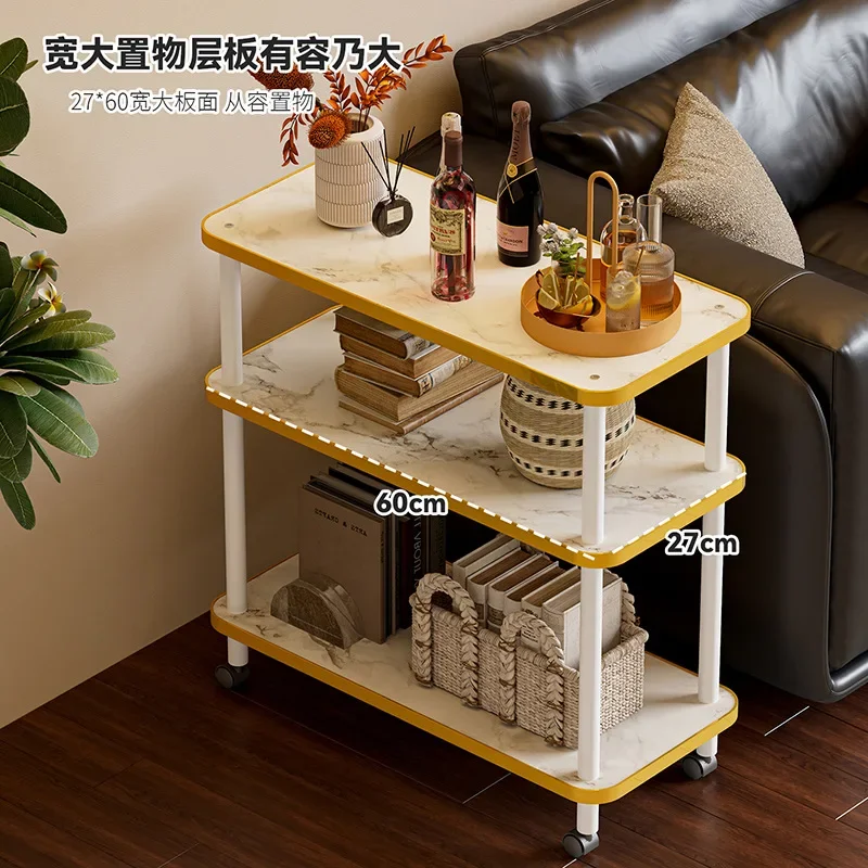 Mobile cart storage rack Household rock slab pattern sofa side table finishing rack Multi-layer storage living room coffee table
