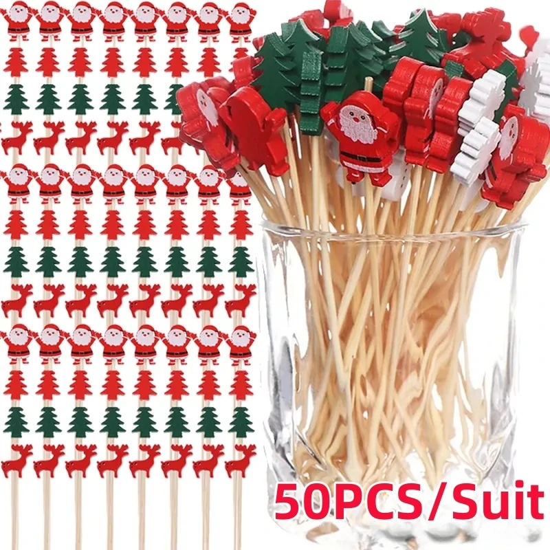 50 pz Natale Bambù Spiedino Cocktail Picks Cupcake Topper Cibo Usa E Getta Dessert Stuzzicadenti Bastoncini di Frutta Rifornimenti Del Partito