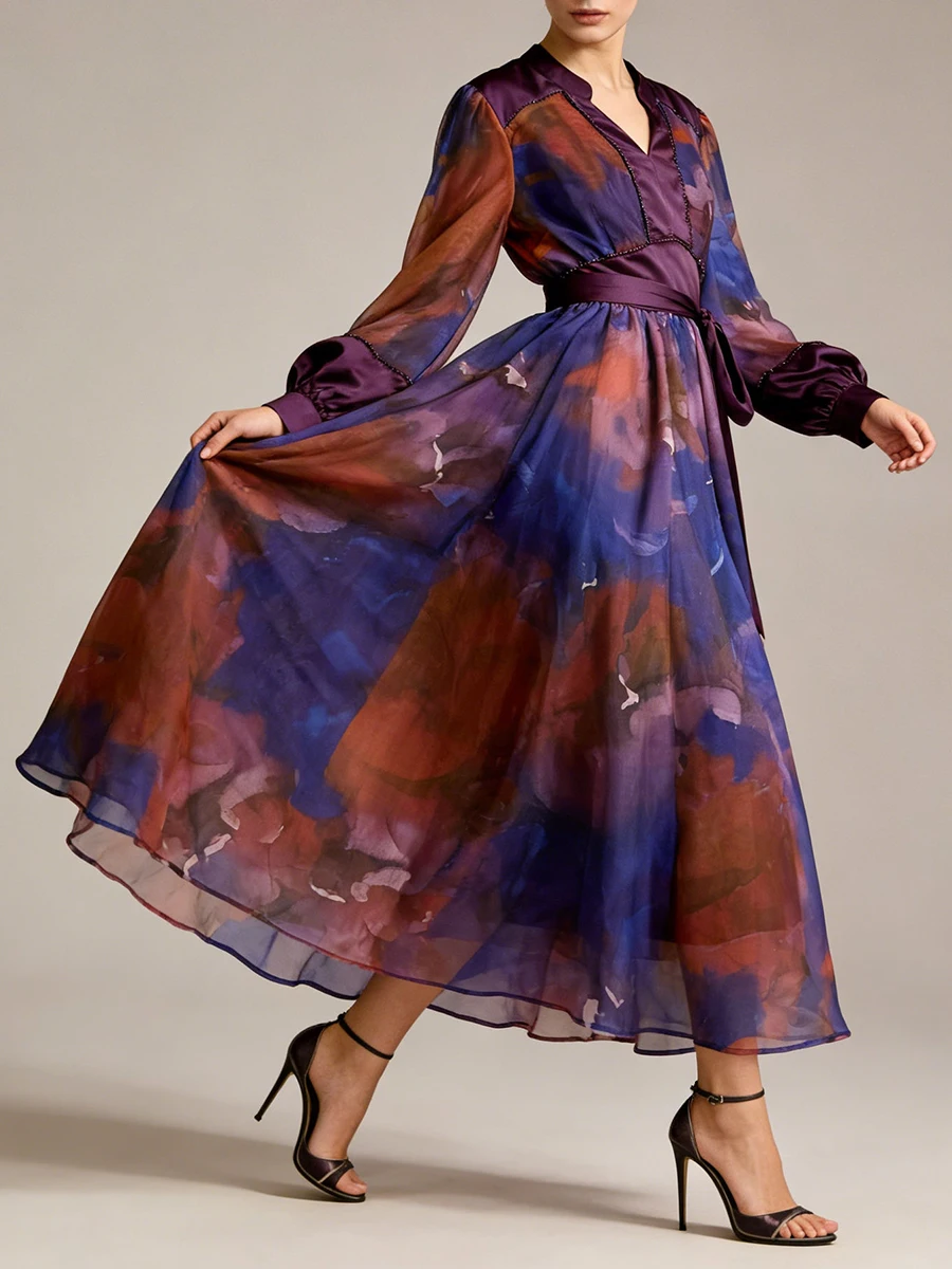 Vgh colorblock impressão malha drapeado vestidos para mulher com decote em v lanterna manga emendado rendas até elegante vintage midi vestido feminino