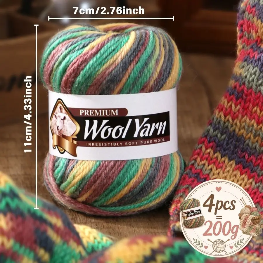 4 Skeins 200g Variegated Wool Yarn, Soft Warm Multicolor Yarn for Crochet and Knitting, Sweaters, Scarves, Hats, Shawls