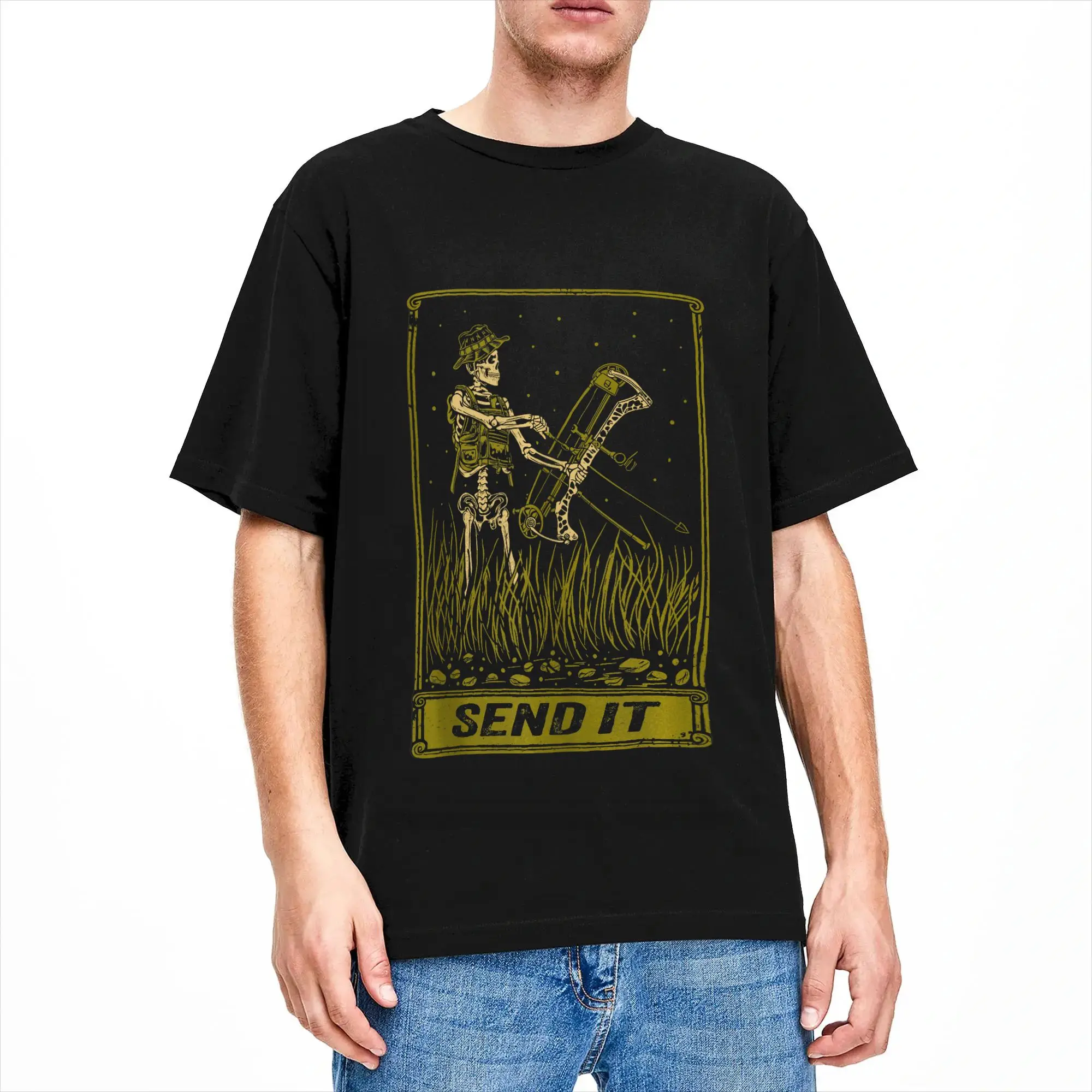 Send It Vintage Bowfishing Skeleton Outdoor Adventure Art T Shirt for Men Cotton T-Shirt Crewneck Tees Short Sleeve Clothing