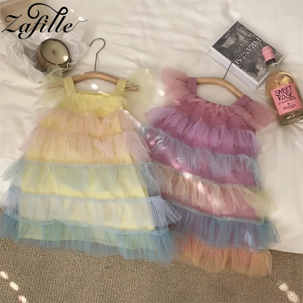 ZAFILLE Colorful Mesh Dress Girls Baby Clothes Summer Kids Toddler Cupcake Dresses Princess Girls Clothing Sweet Children Outfit