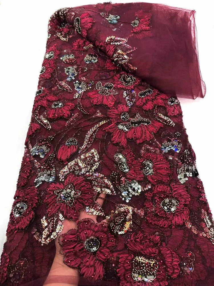 

African 3D Flower Lace Fabric Embroidery French Mesh Lace Fabric With Sequins Groom Nigerian Tulle Lace For Party Dresse
