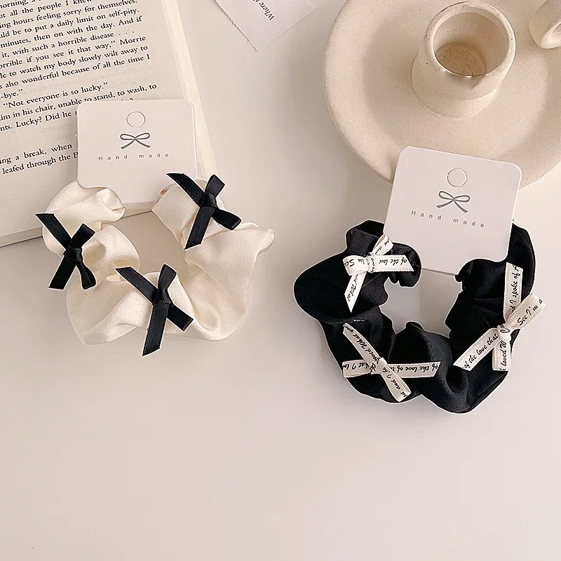 Sweet Korean-style Bow Hair Elegant Black-and-white Department Ruffle Cloth Art Super Fairy Satin Large Intestine Hair Rings