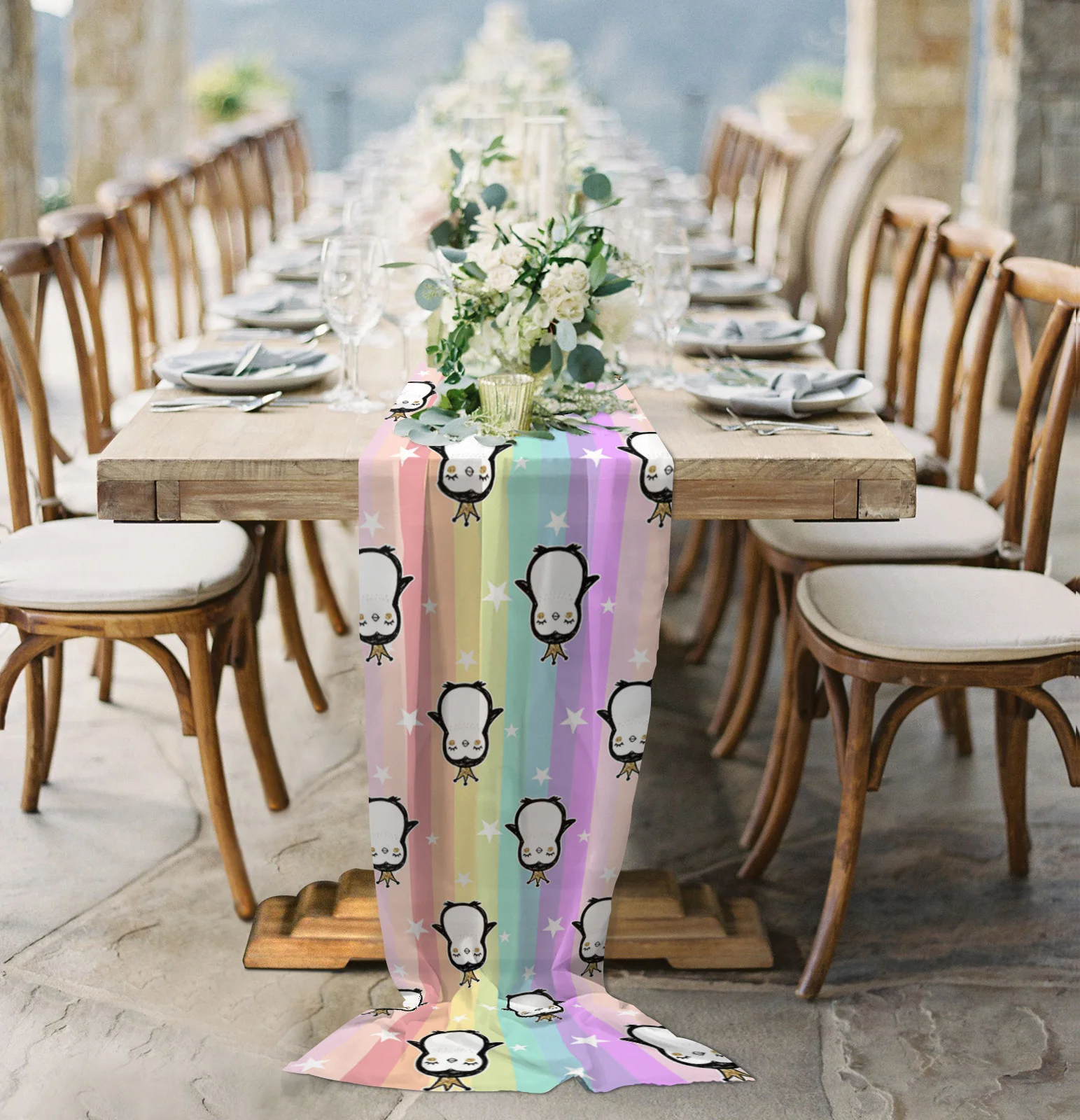 Animal Penguin Stars Rainbow Stripes Sheer Chiffon Table Runner Country Wedding Party Tulle Voile Table Cloth Home Decoration